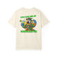 Beige t-shirt with a parrot graphic and text on a white background