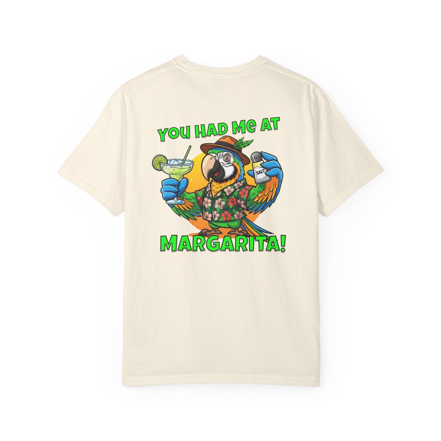 Beige t-shirt with a parrot graphic and text on a white background