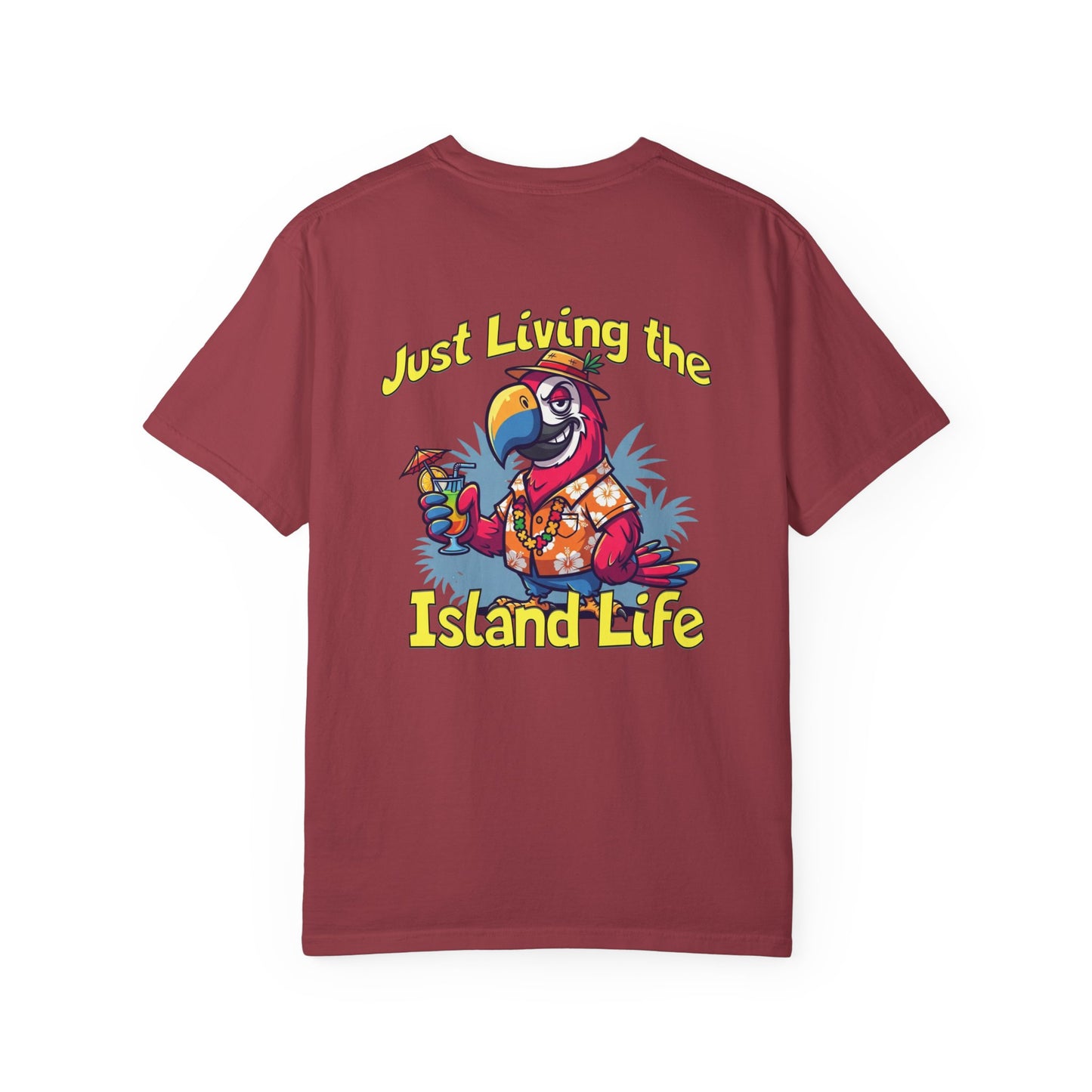 Maroon t-shirt with a colorful parrot graphic and 'Just Living the Island Life' text on a white background