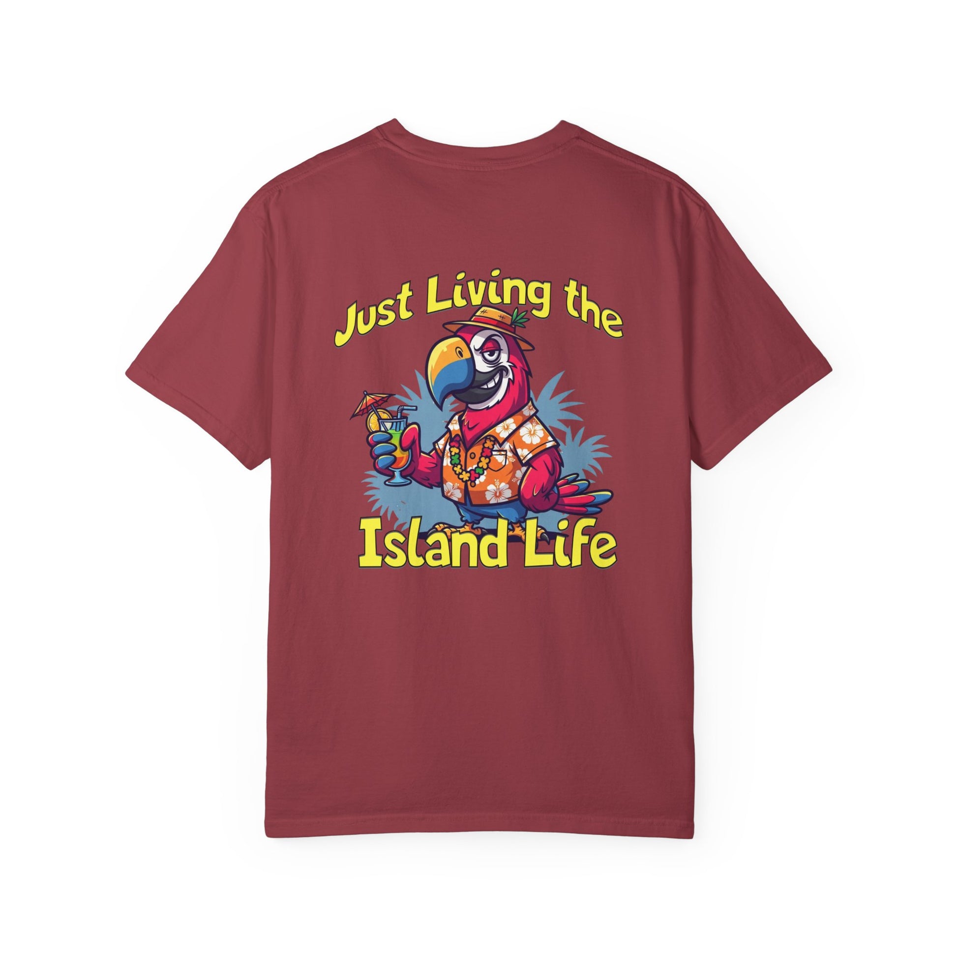 Maroon t-shirt with a colorful parrot graphic and 'Just Living the Island Life' text on a white background