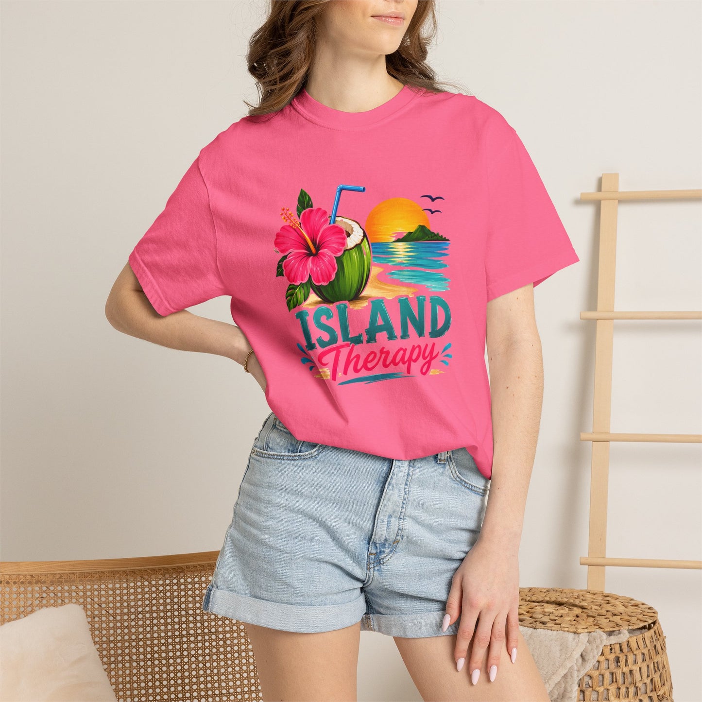 Island Therapy T‑Shirt — Tropical Sunset Coconut Drink Beach Tee