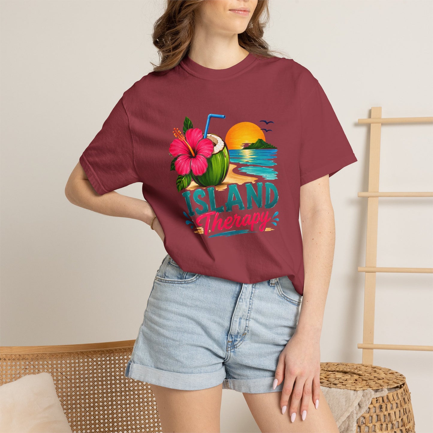 Island Therapy T‑Shirt — Tropical Sunset Coconut Drink Beach Tee