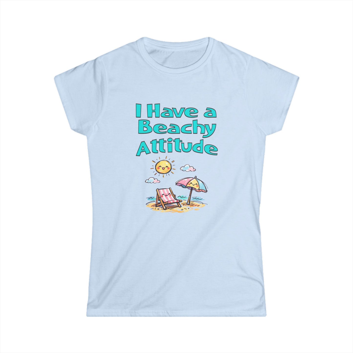 Light blue t-shirt with beach-themed design and text on a white background