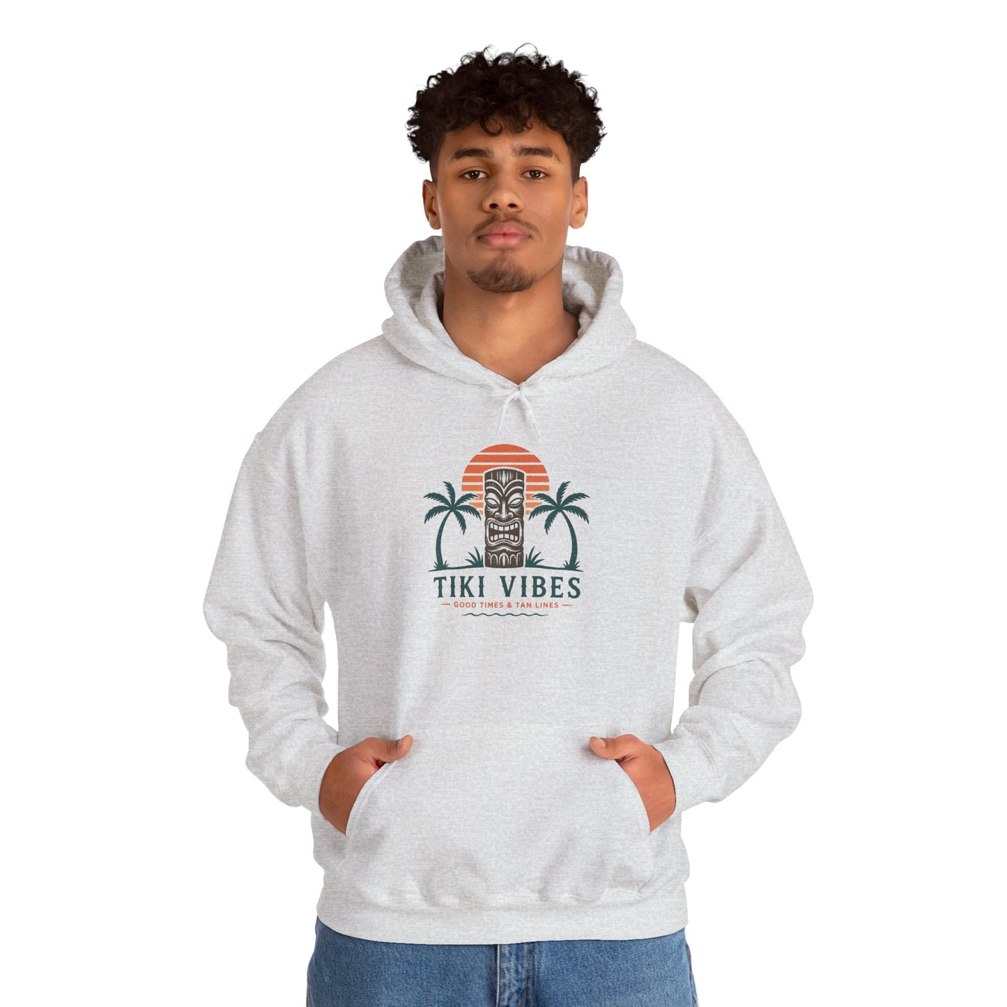 Tiki Vibes Hoodie — Retro Sunset Palm Tree Sweatshirt