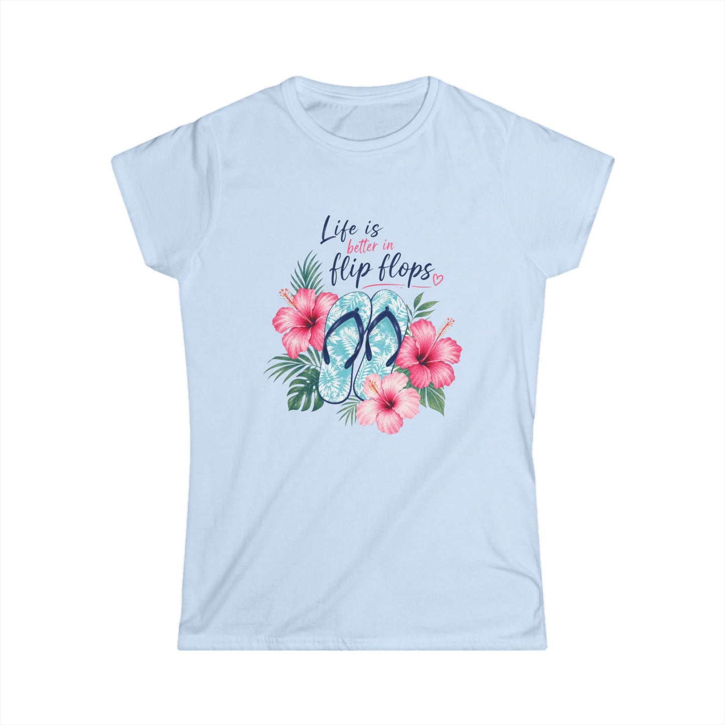 Light blue t-shirt with flip flop and floral design on a white background