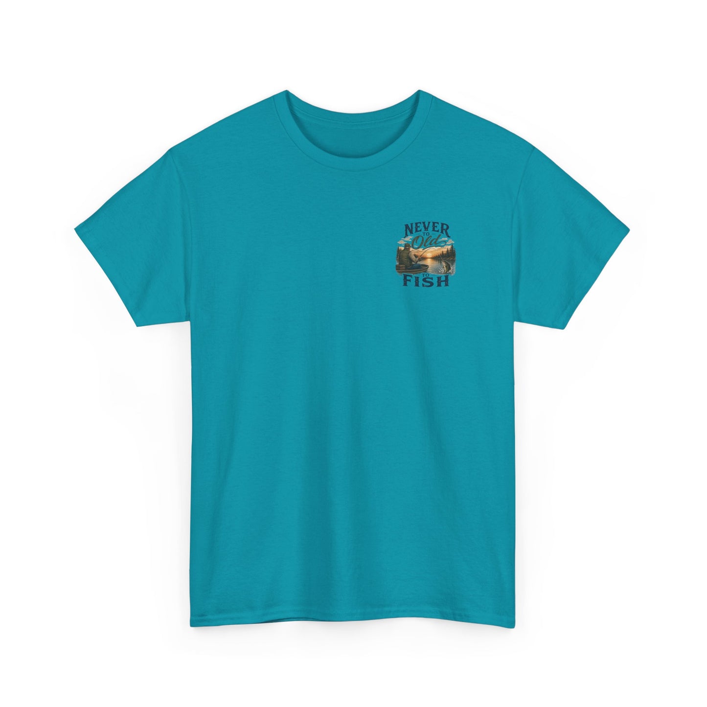 T-Shirt — "Never Too Old to Fish" Fishing Tee (Sunset Lake Design)