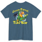 Blue t-shirt with a green parrot graphic and 'Green Parrot Tiki Bar' text on a white background