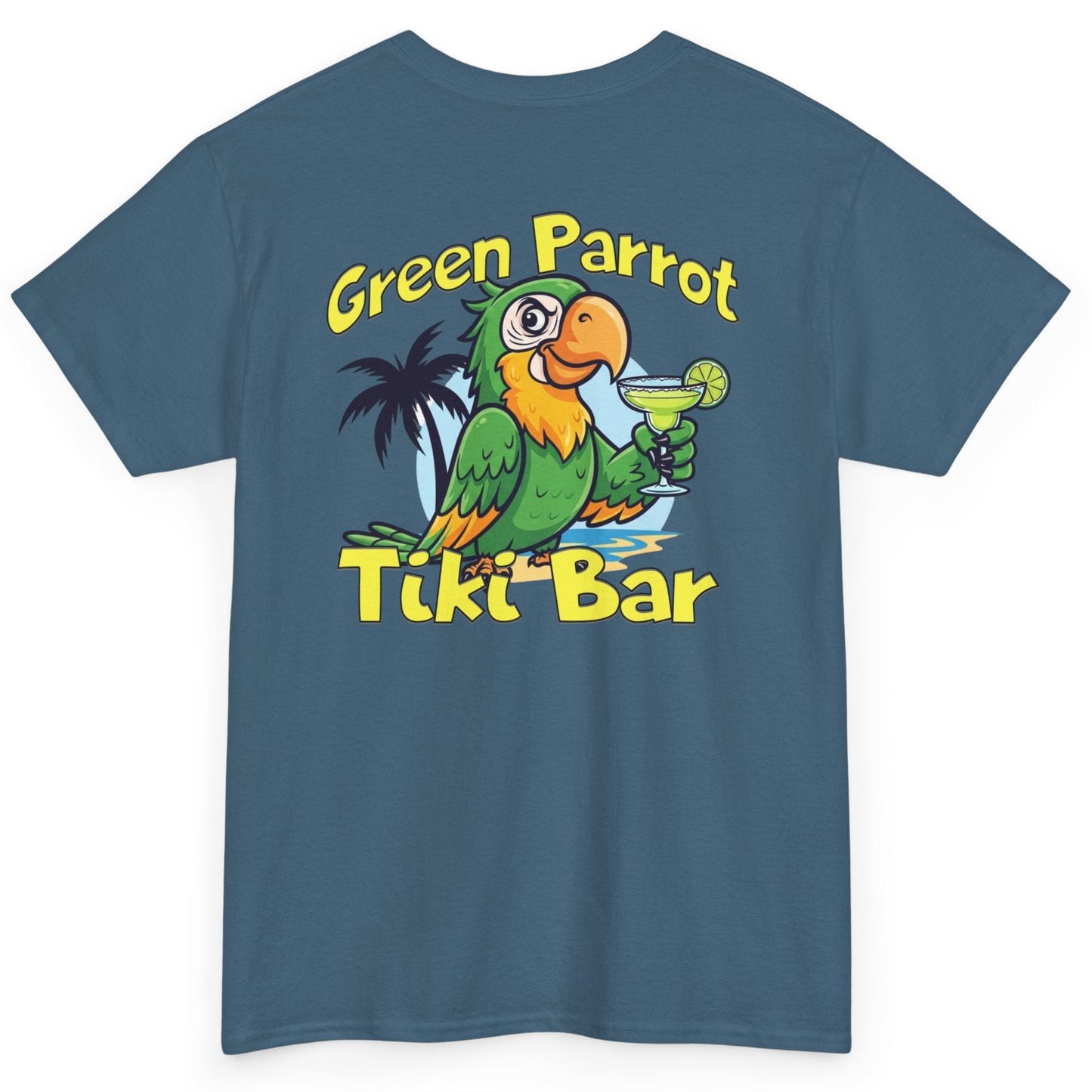 Blue t-shirt with a green parrot graphic and 'Green Parrot Tiki Bar' text on a white background