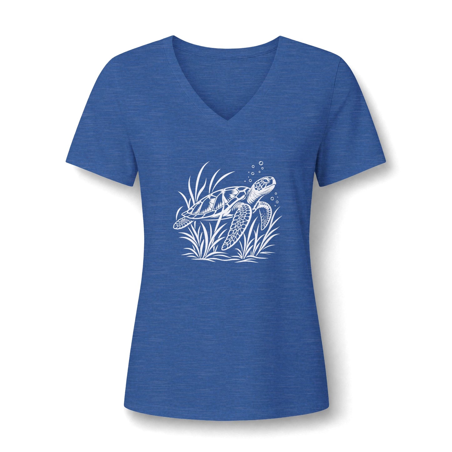 Sea Turtle V-Neck Tee — Women's Relaxed Heather Tee with White Sea Turtle Graphic