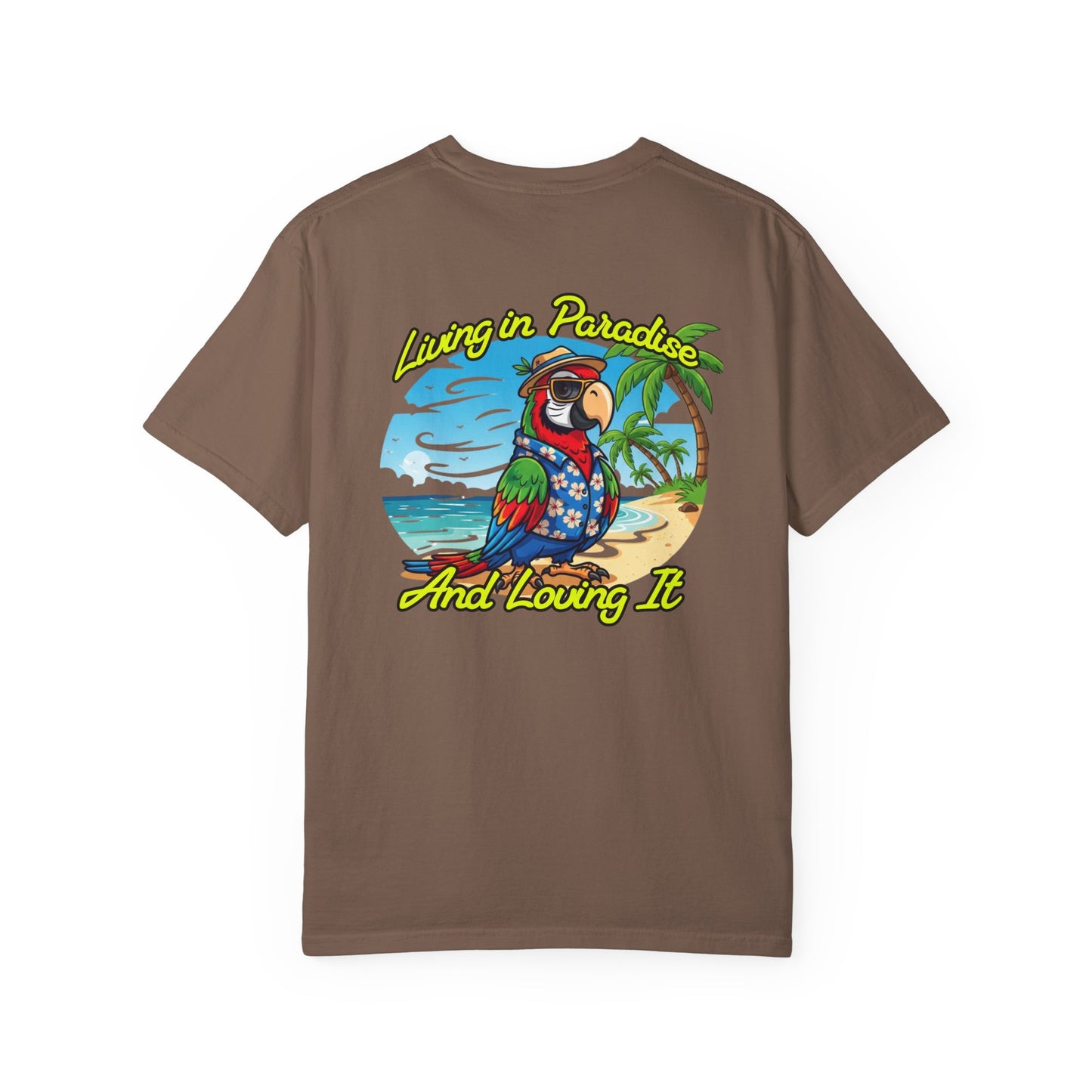 Brown t-shirt with a colorful parrot graphic and text on a white background