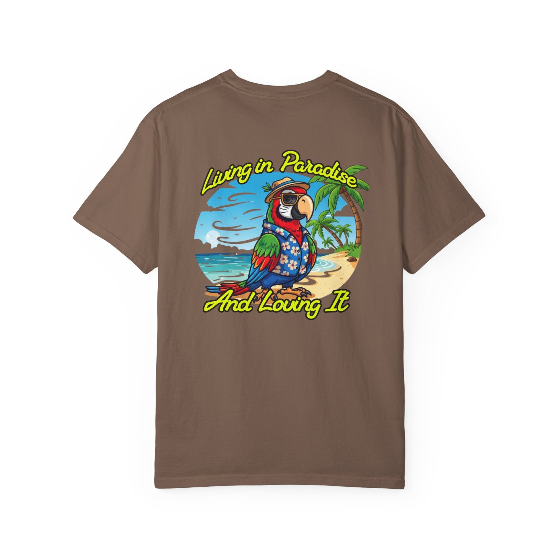 Brown t-shirt with a colorful parrot graphic and text on a white background