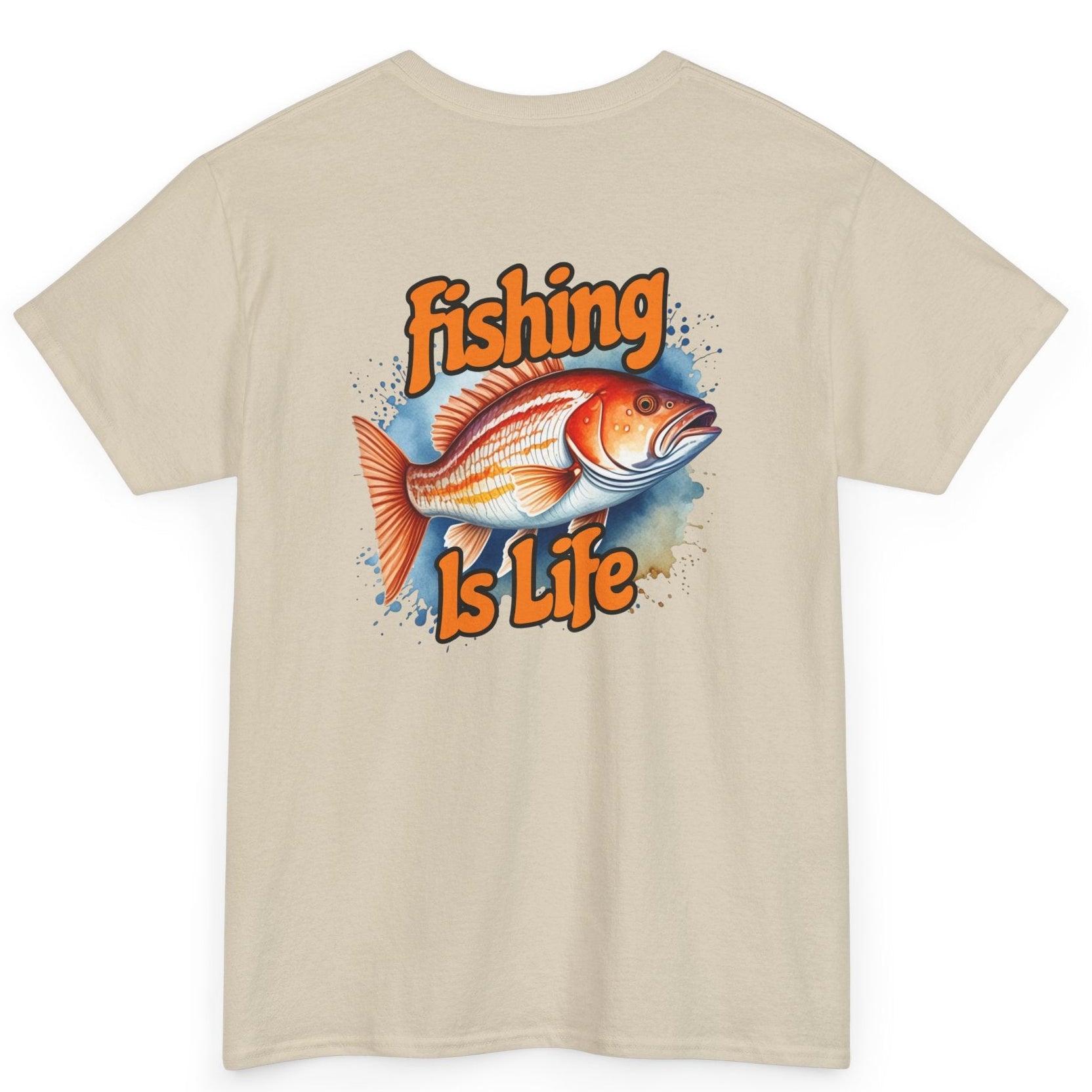 Beige t-shirt with a fish graphic and 'Fishing is Life' text on a white background