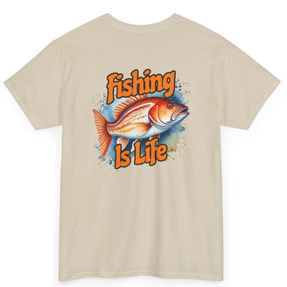 Beige t-shirt with a fish graphic and 'Fishing is Life' text on a white background
