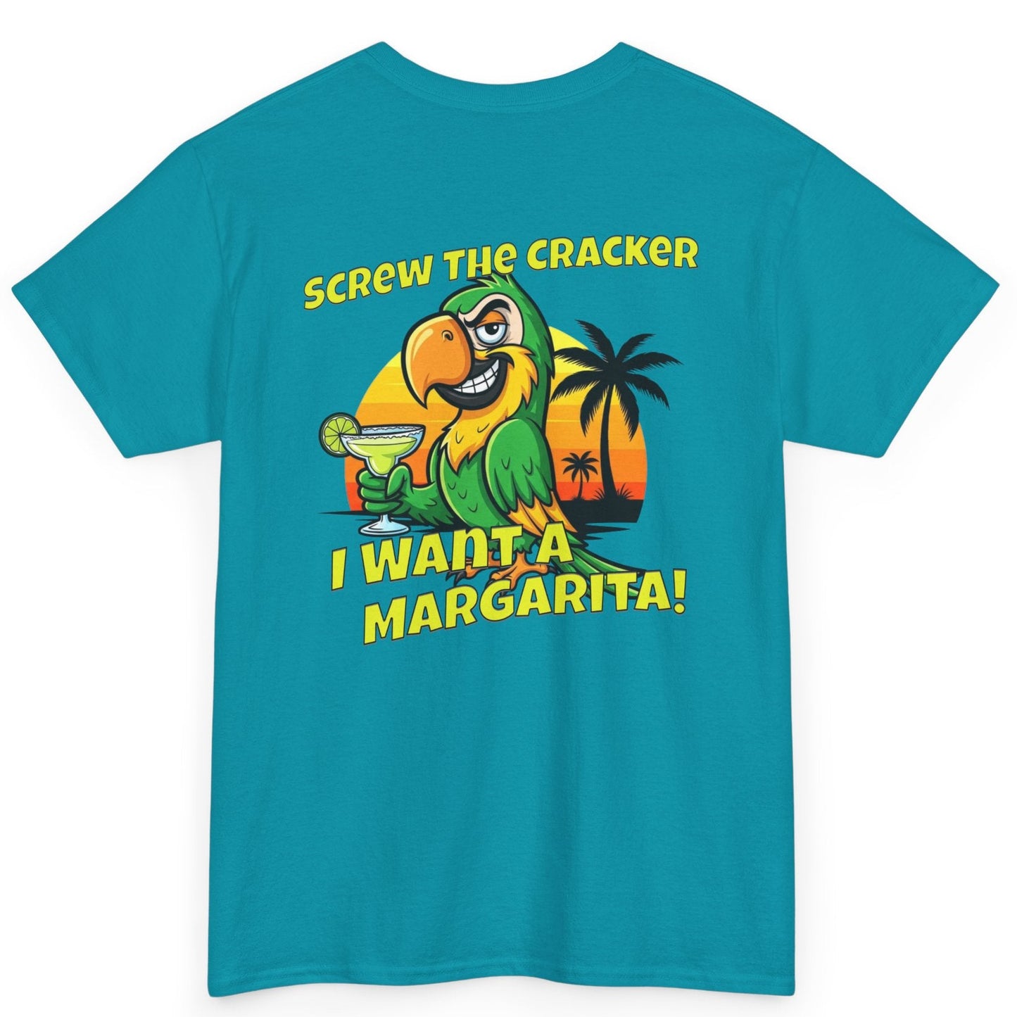 Turquoise t-shirt with a parrot graphic and text on the back