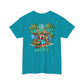 Turquoise t-shirt with a tropical graphic and text on the back