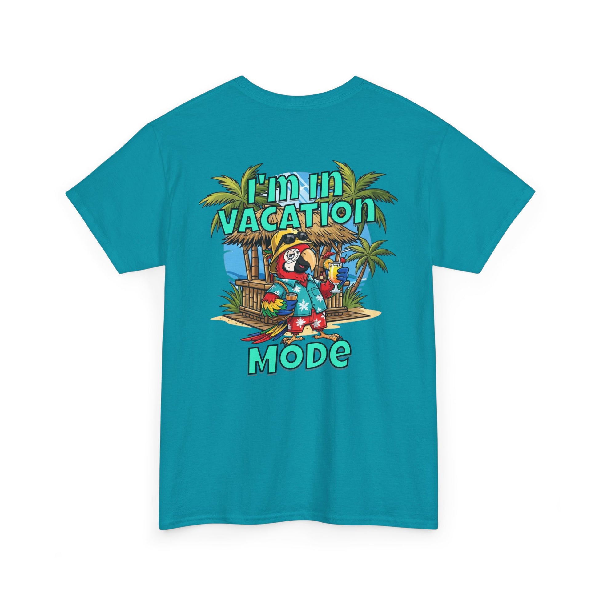 Turquoise t-shirt with a tropical graphic and text on the back