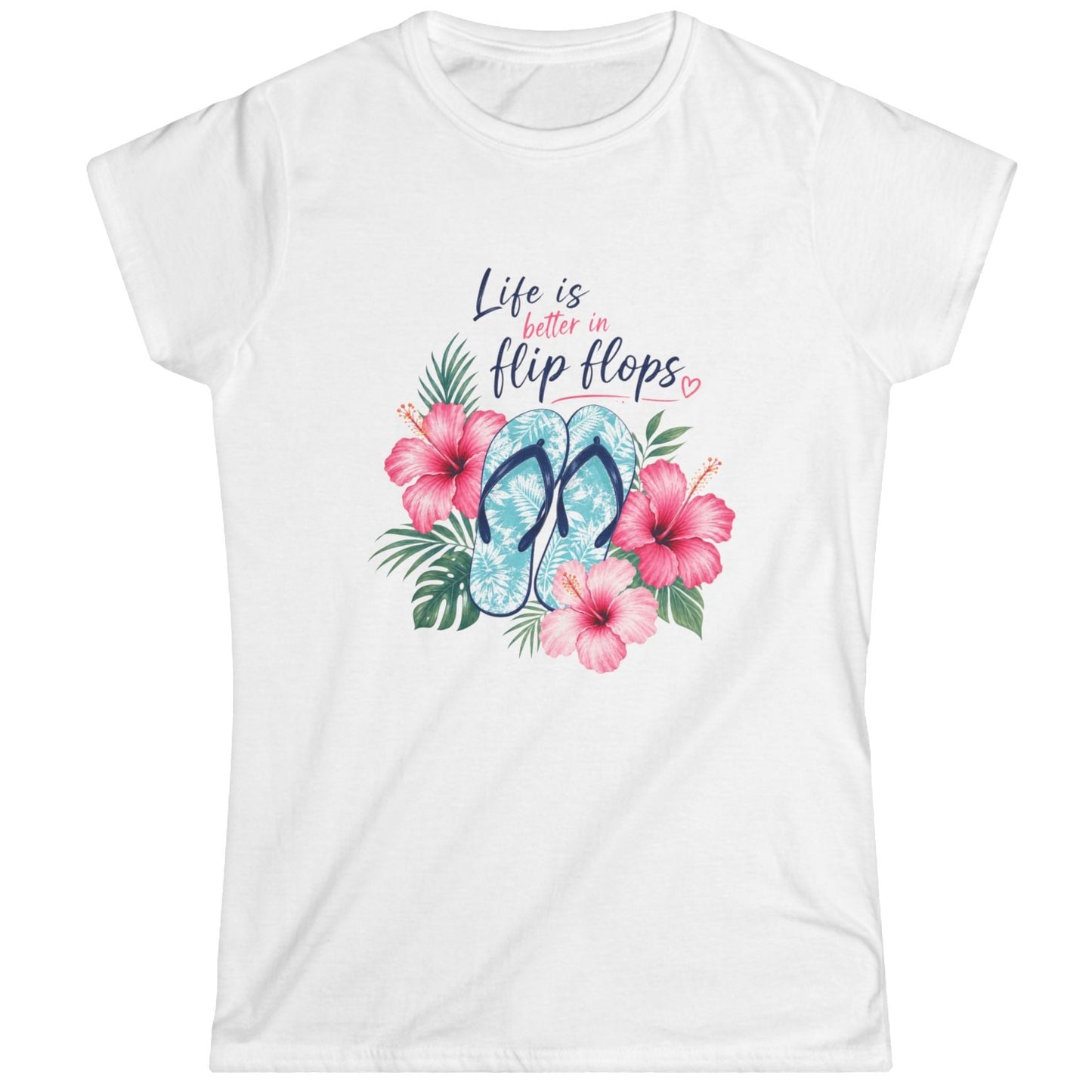 White t-shirt with flip flop design and text 'Life is better in flip flops' on a white background