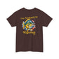 Brown t-shirt with a colorful fish graphic and text 'I'm hooked on fishing' on a white background