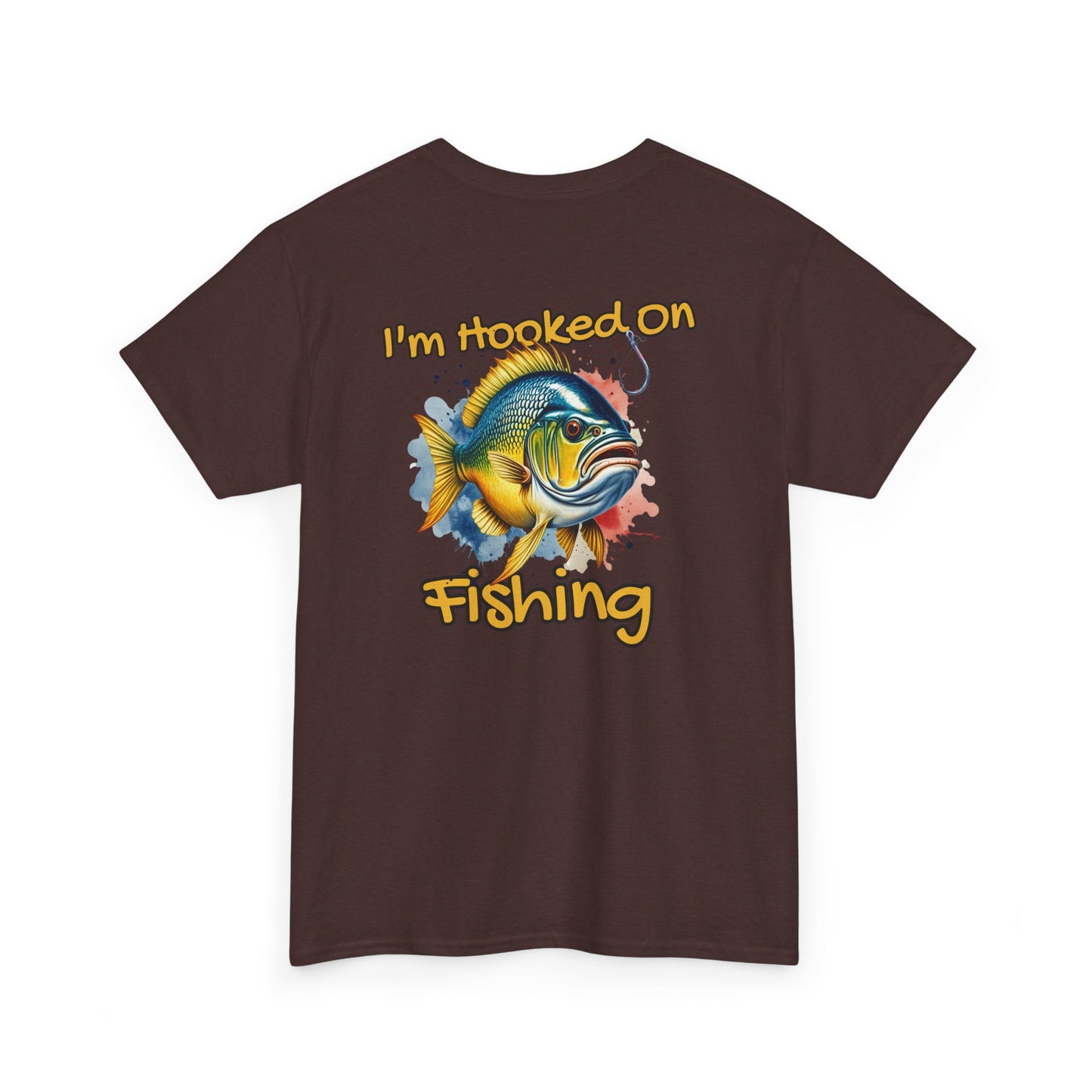 Brown t-shirt with a colorful fish graphic and text 'I'm hooked on fishing' on a white background