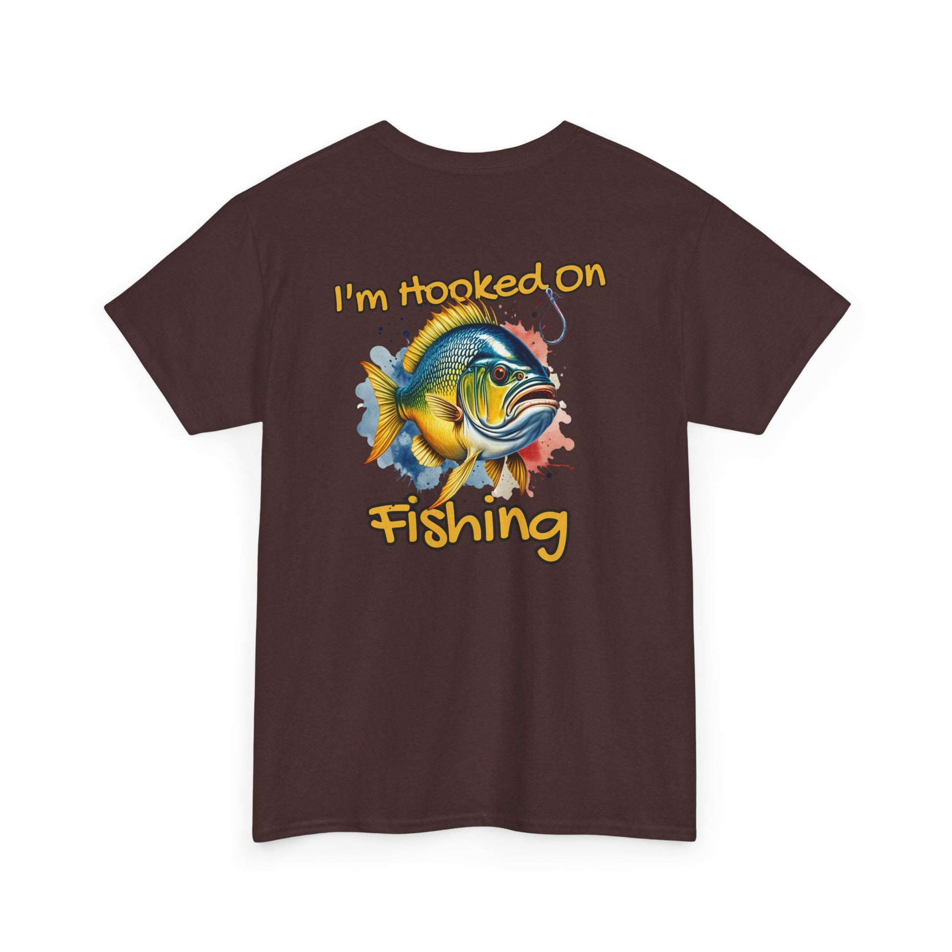 Brown t-shirt with a colorful fish graphic and text 'I'm hooked on fishing' on a white background