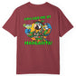 Maroon t-shirt with a colorful parrot graphic and text on the back, on a white background