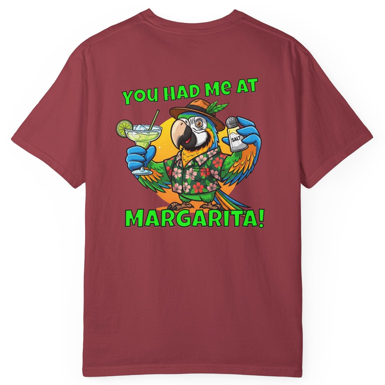 Maroon t-shirt with a colorful parrot graphic and text on the back, on a white background