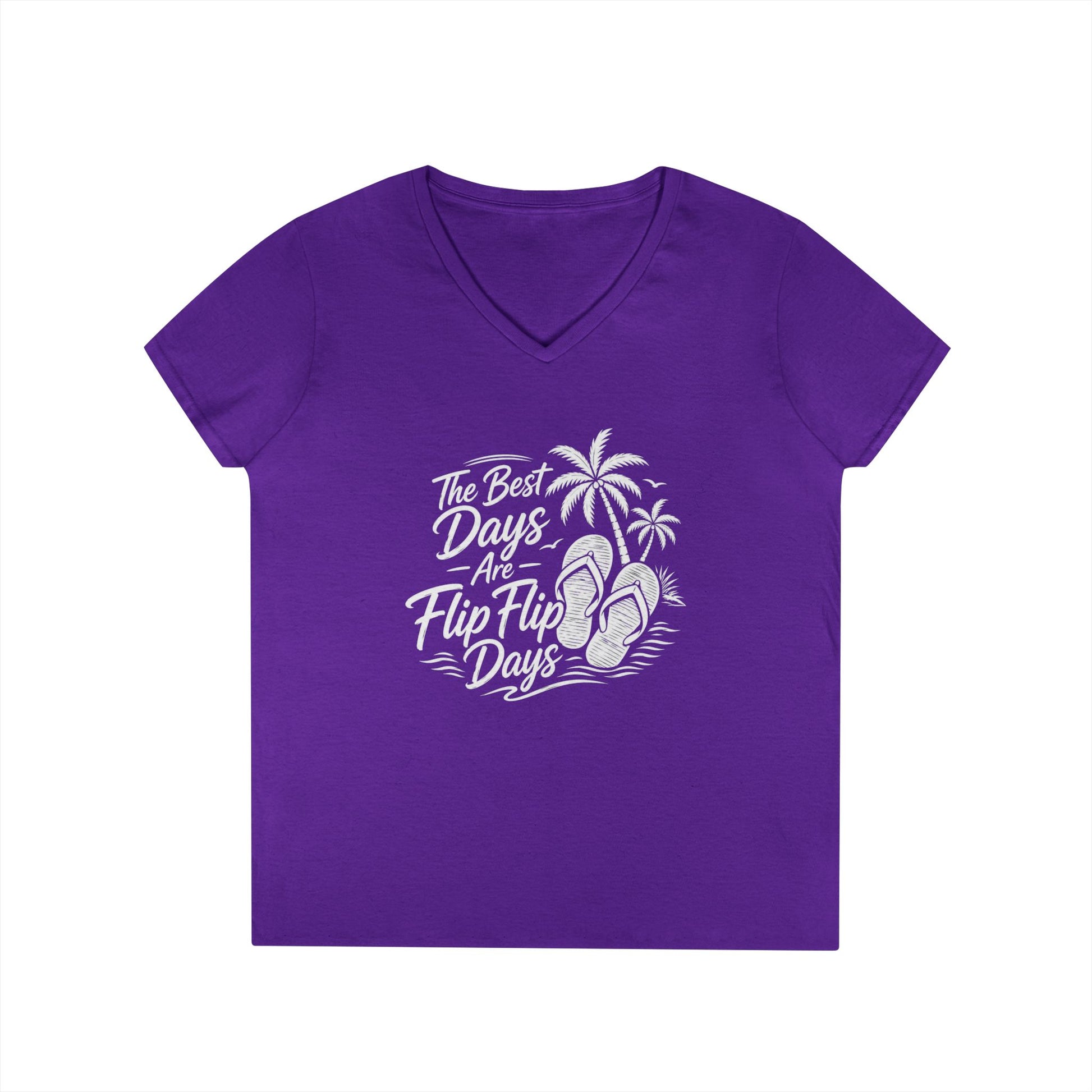 Women’s v-neck t-shirt in purple with beach graphic of flip flops and palms