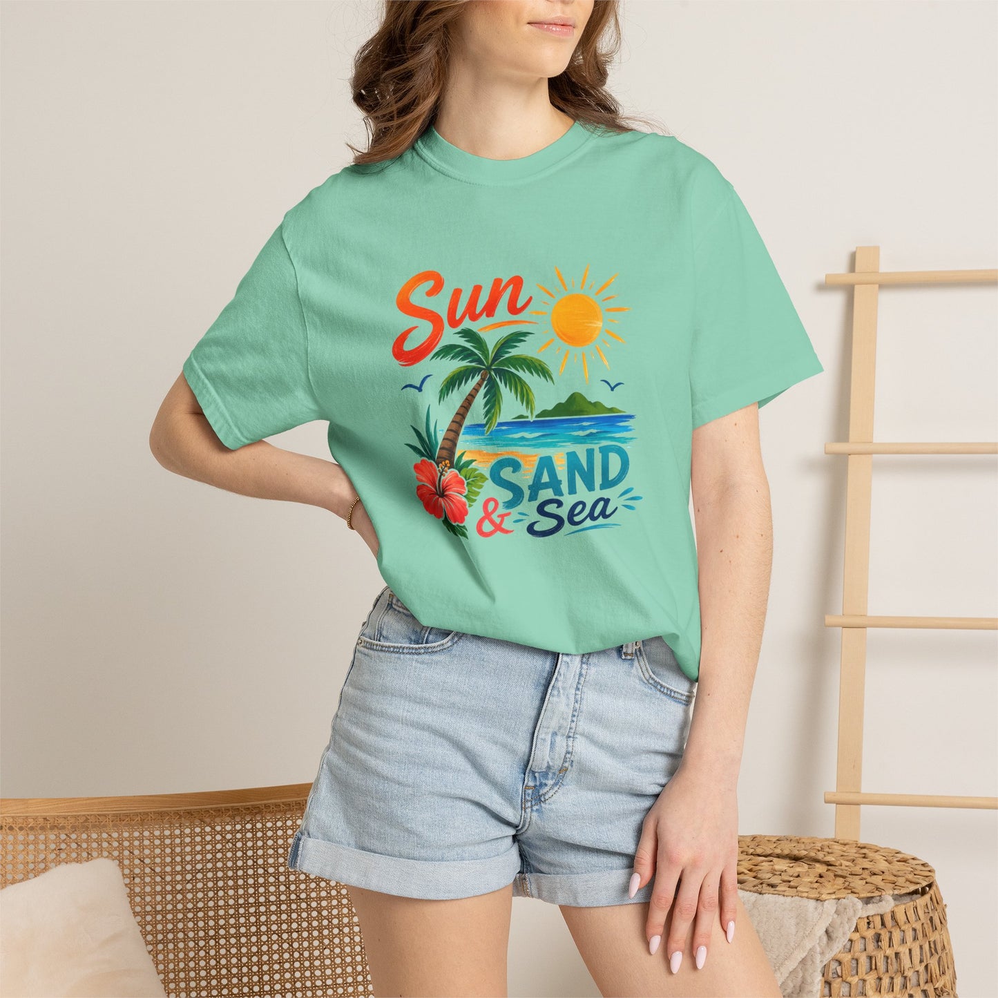 Sun, Sand & Sea T-Shirt – Tropical Beach Palm Tree Graphic Tee