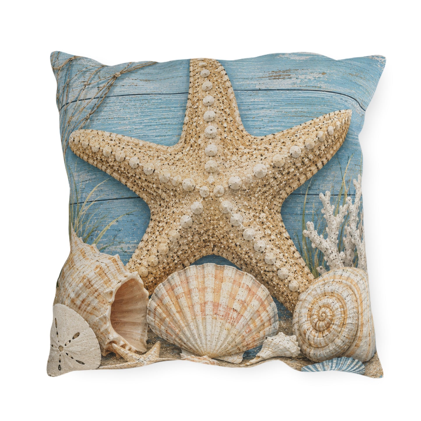 Coastal Starfish Outdoor Pillow — Beach Seashell Patio Cushion
