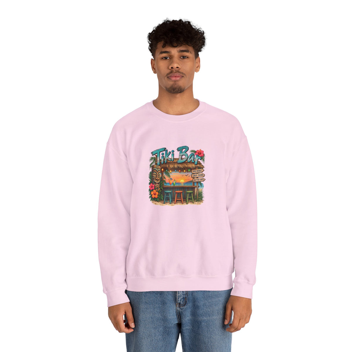 Tiki Bar Crewneck Sweatshirt — Retro Tropical Sunset Design