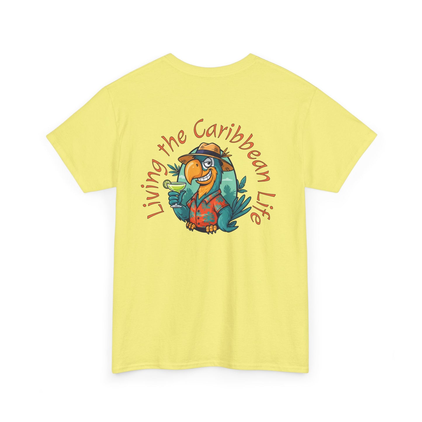 Yellow t-shirt with a parrot graphic and 'Living the Caribbean Life' text on a white background