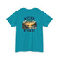 A teal blue short-sleeve t-shirt with a vintage-style graphic on the chest that reads 'NEVER FORGET Old FISH' surrounding a scenic lake and mountain sunset illustration.