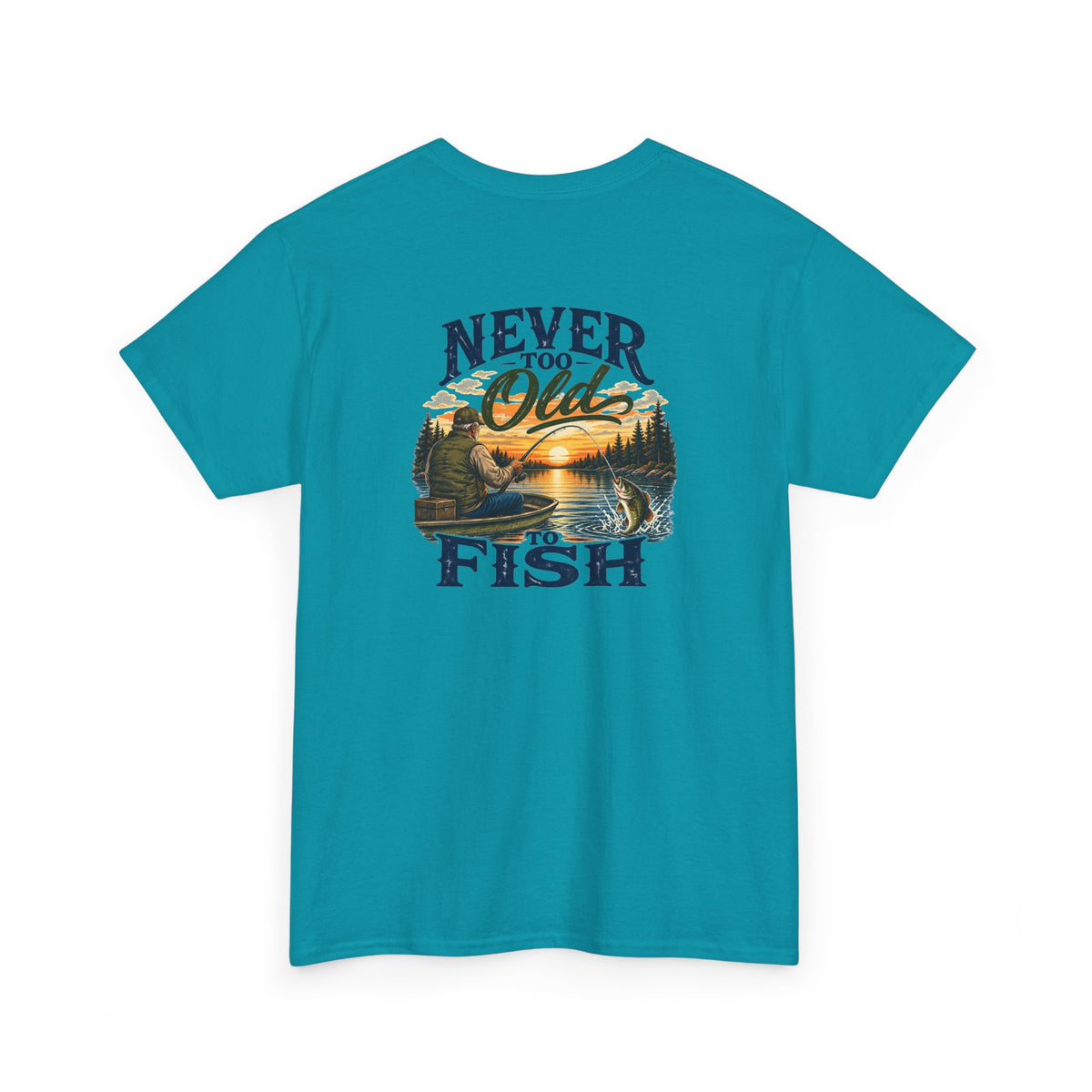 A teal blue short-sleeve t-shirt with a vintage-style graphic on the chest that reads 'NEVER FORGET Old FISH' surrounding a scenic lake and mountain sunset illustration.