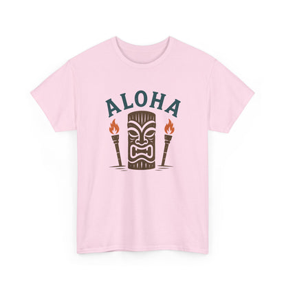 Light pink crew-neck T-shirt with ALOHA tiki face and flaming torch graphic