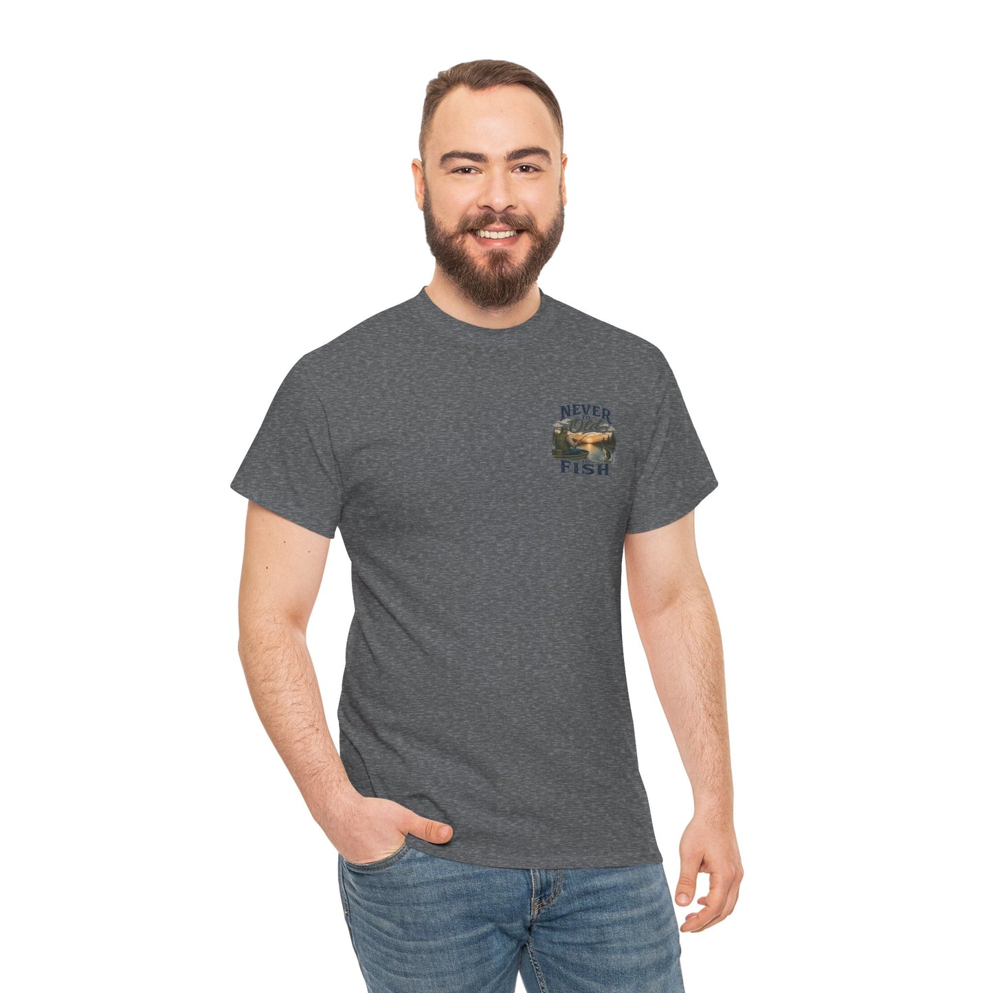 T-Shirt — "Never Too Old to Fish" Fishing Tee (Sunset Lake Design)