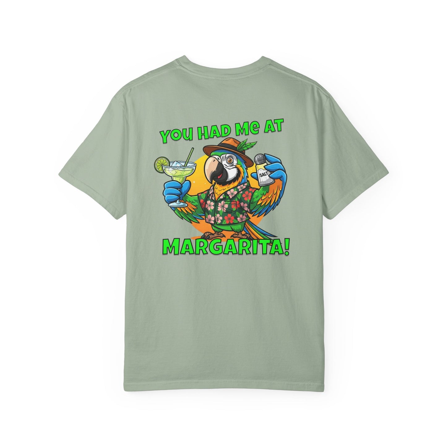 Light green t-shirt with a parrot graphic and text on the back, on a white background
