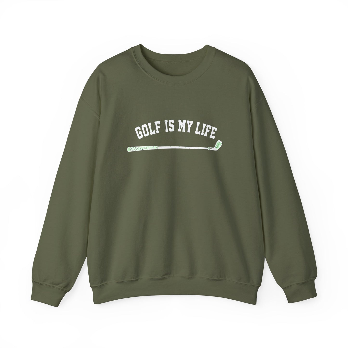 Green sweatshirt with 'Golf Is My Life' printed on it against a white background