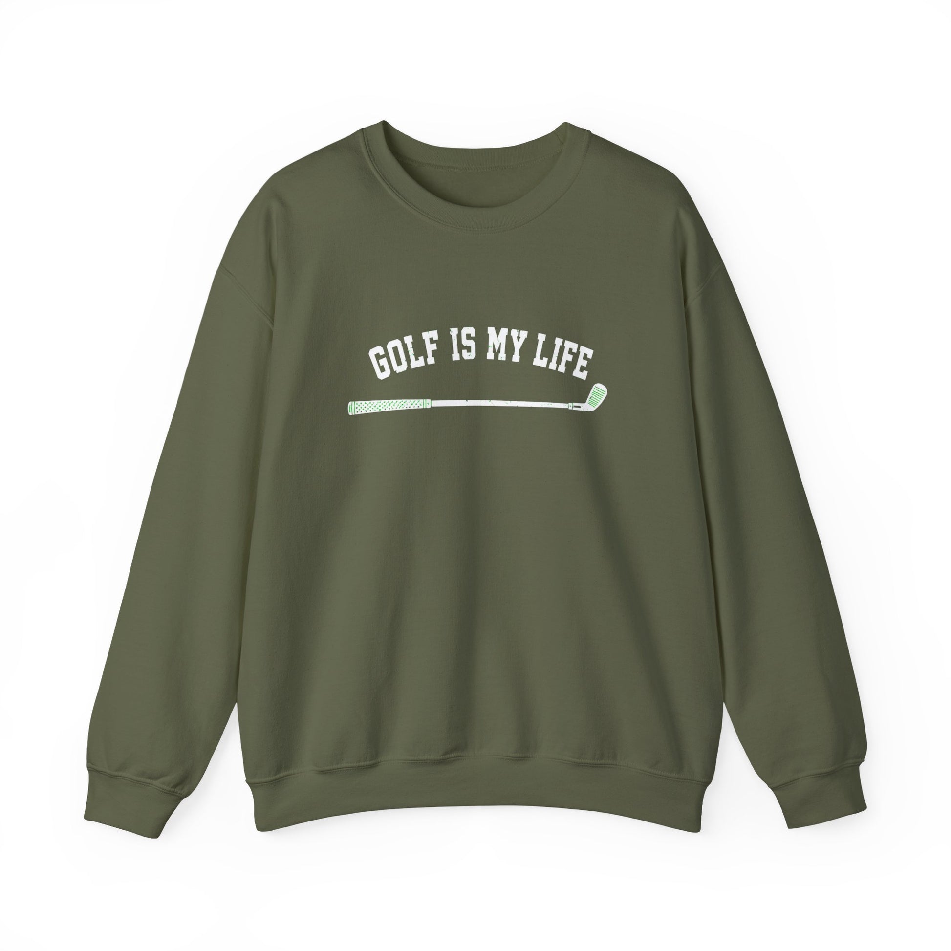 Green sweatshirt with 'Golf Is My Life' printed on it against a white background