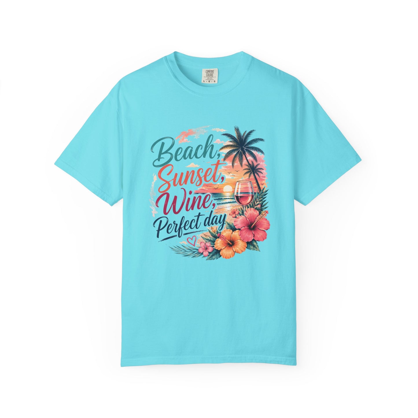 Beach Sunset Wine T-Shirt — "Beach, Sunset, Wine, Perfect Day" Tropical Graphic Tee