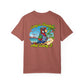 Brown t-shirt with a colorful parrot graphic and text on a white background