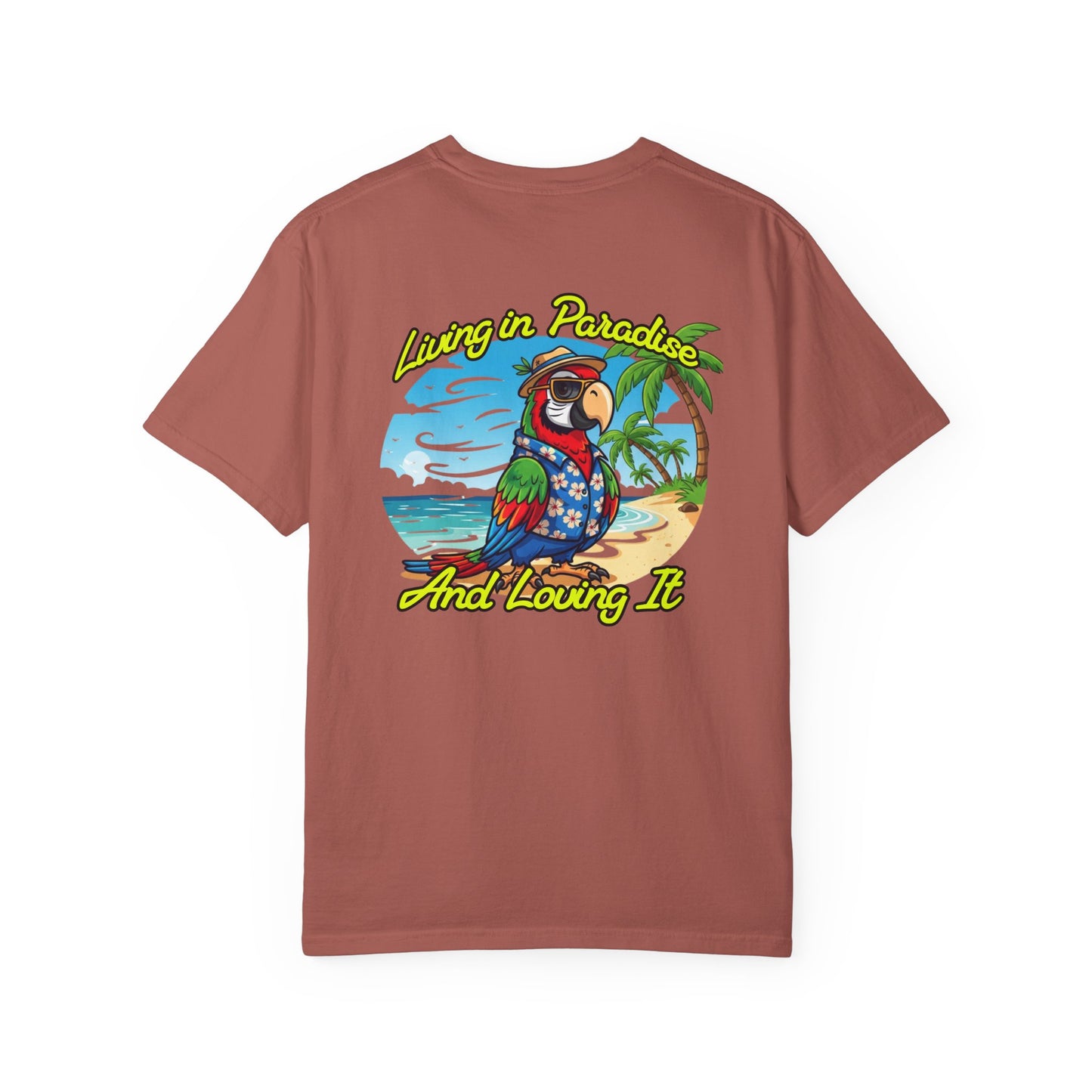 Brown t-shirt with a colorful parrot graphic and text on a white background