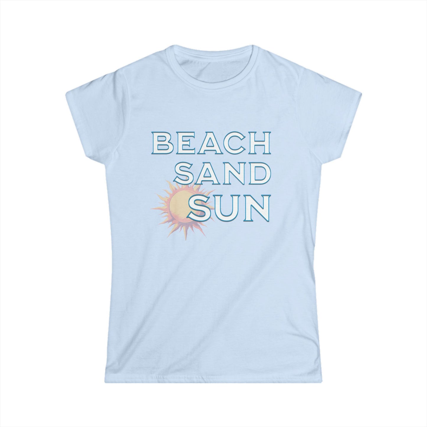Light blue t-shirt with 'Beach Sand Sun' text and sun graphic on a white background