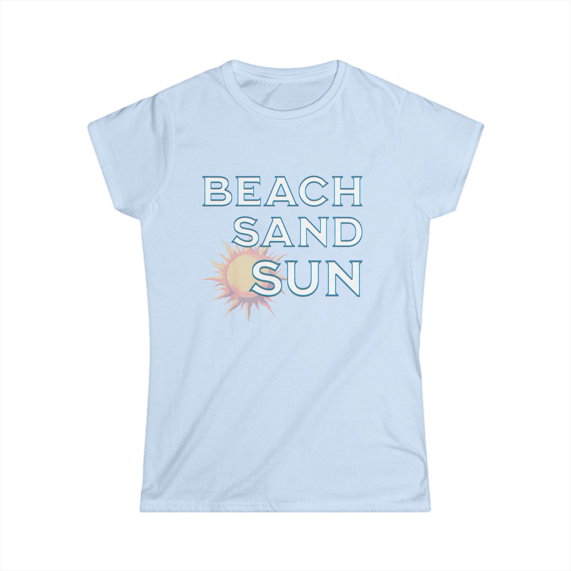 Light blue t-shirt with 'Beach Sand Sun' text and sun graphic on a white background