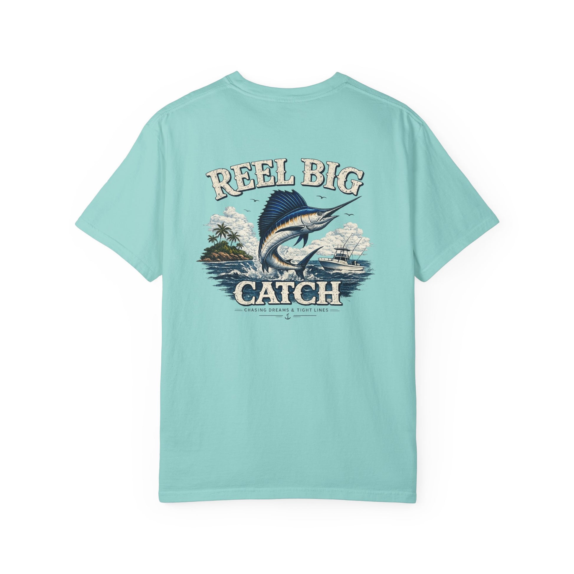 Light blue t-shirt with 'Reel Big Catch' graphic design on a white background