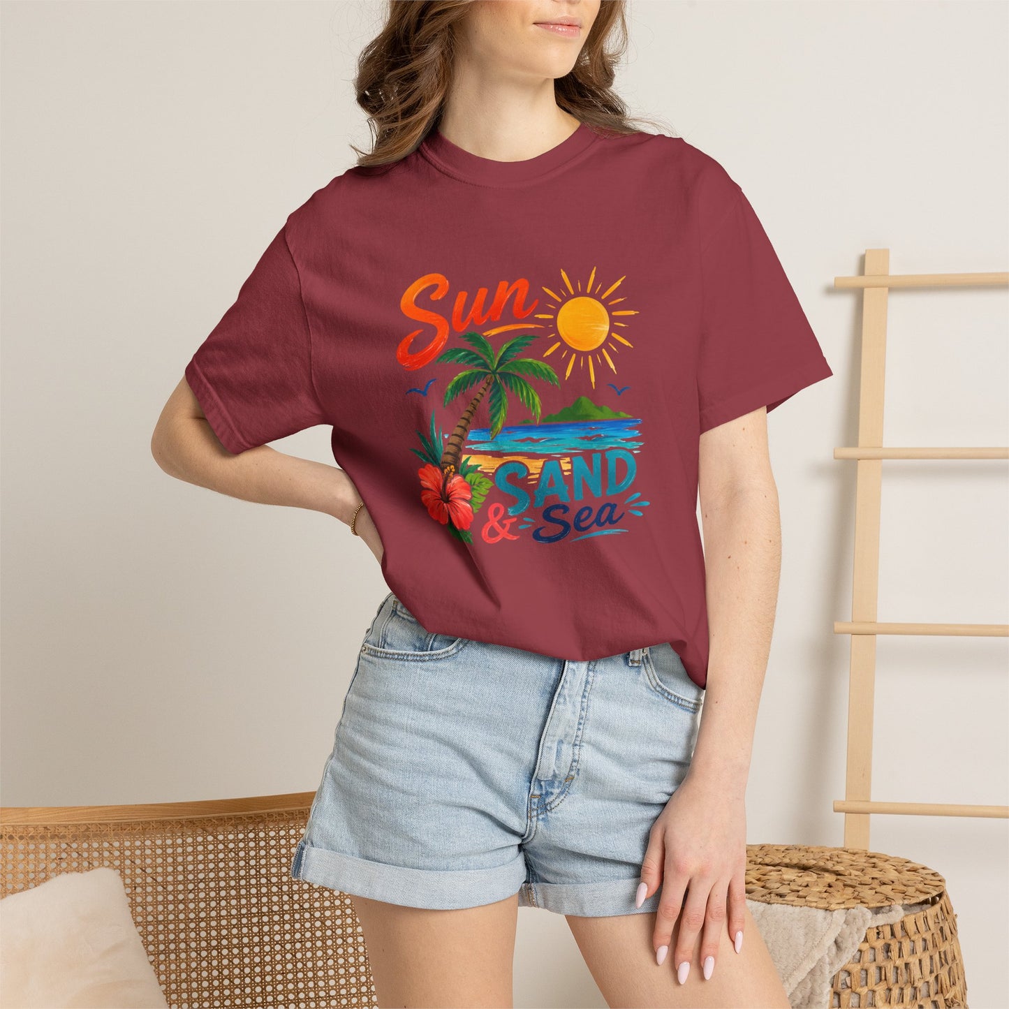 Sun, Sand & Sea T-Shirt – Tropical Beach Palm Tree Graphic Tee