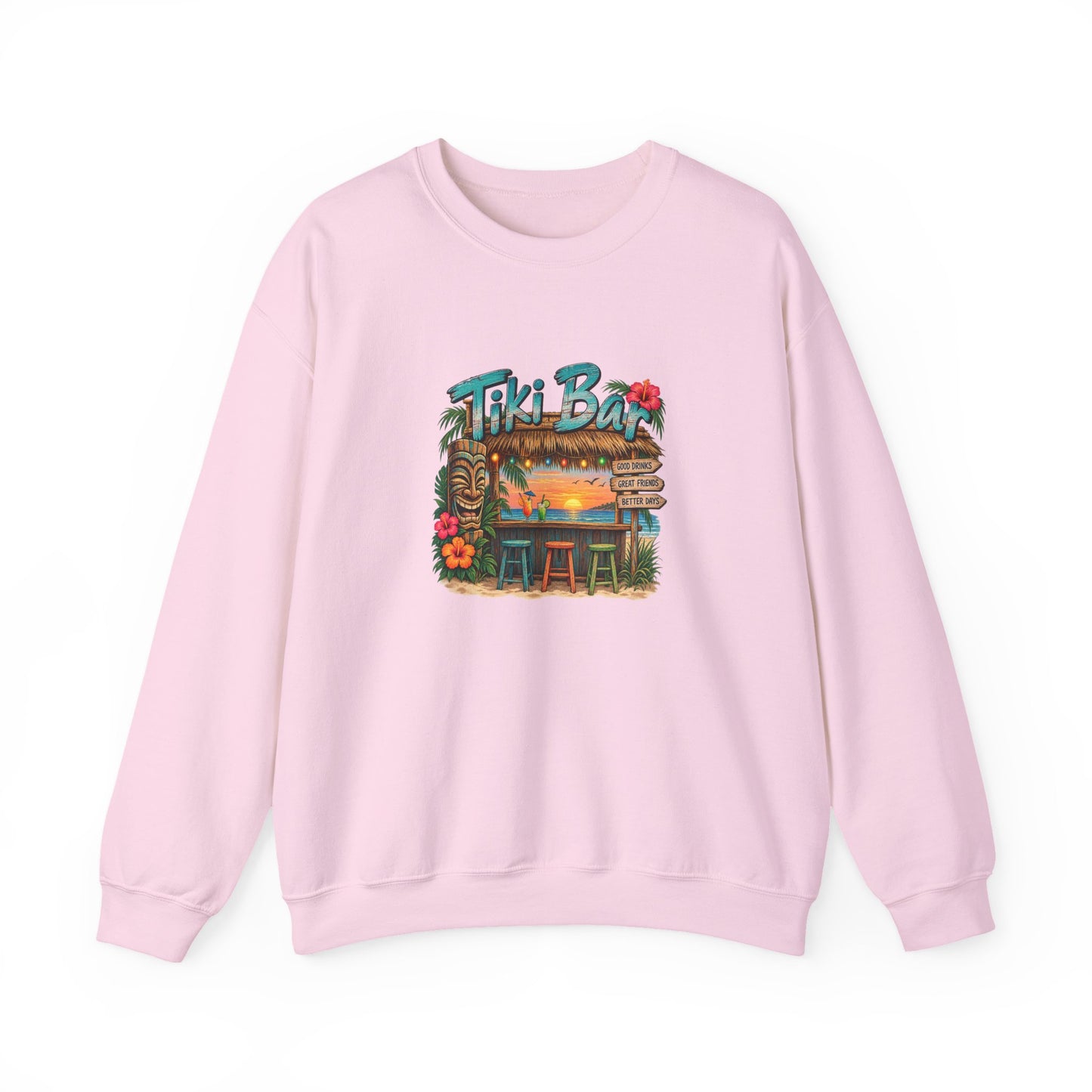 Tiki Bar Crewneck Sweatshirt — Retro Tropical Sunset Design