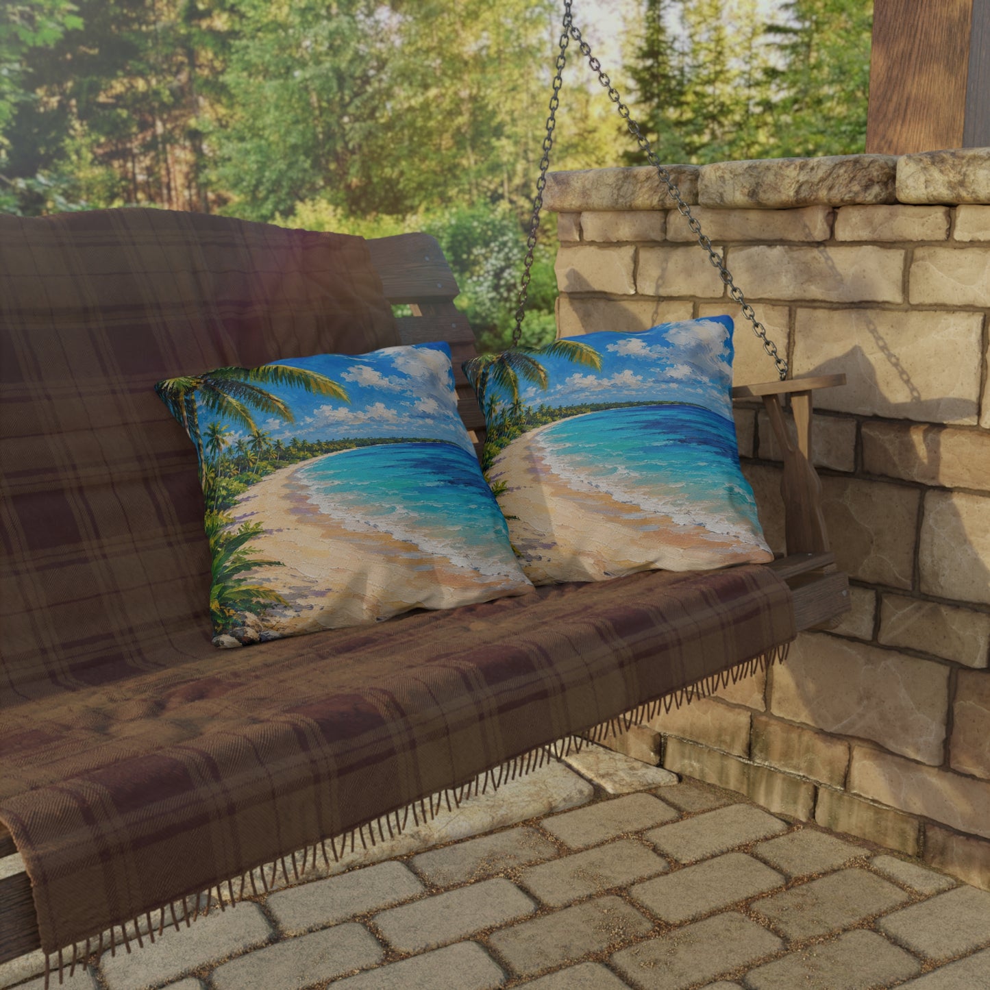 Tropical Caribbean Beach Outdoor Pillow — Coastal Palm Tree Seaside Decor