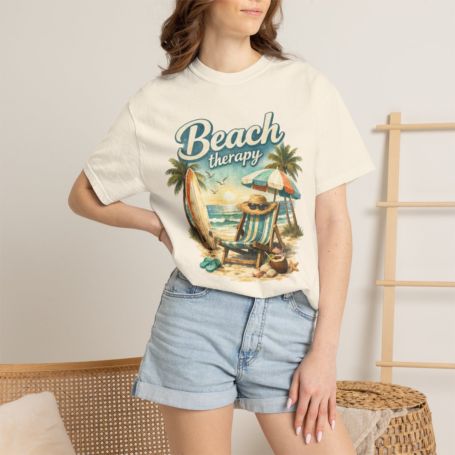 Beach Therapy T-Shirt — Vintage Surf Chair & Palm Graphic