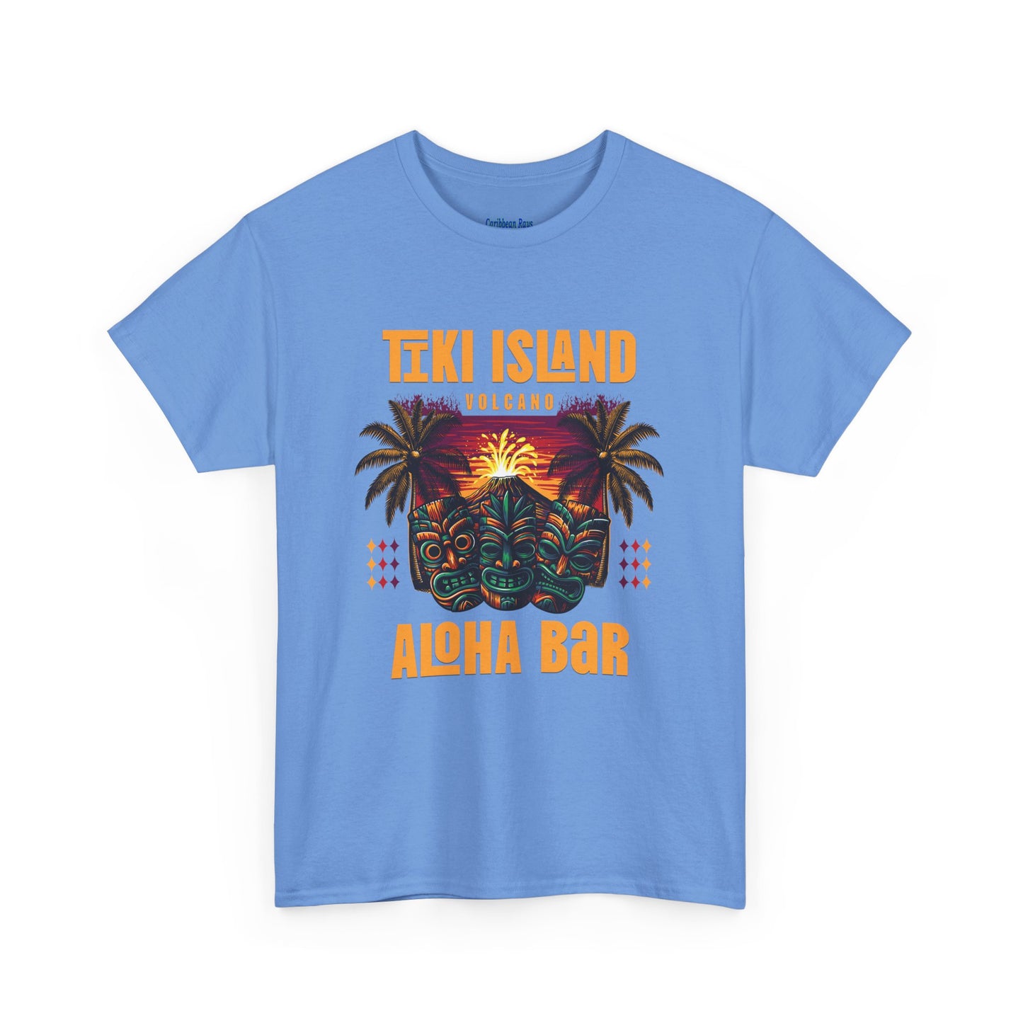 Blue t-shirt with Tiki Island Aloha Bar design on a white background  at Caribbean Rays