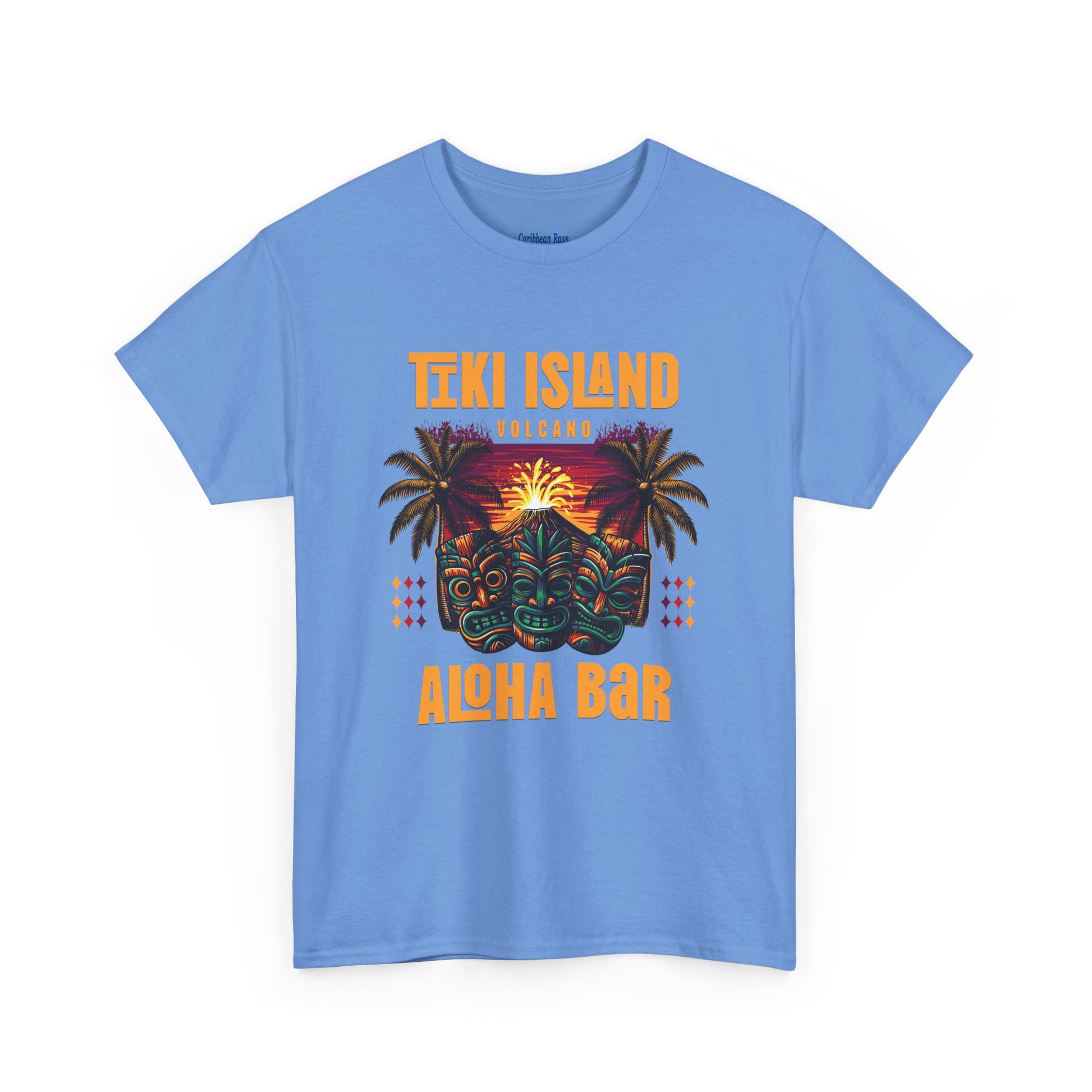 Blue t-shirt with Tiki Island Aloha Bar design on a white background  at Caribbean Rays
